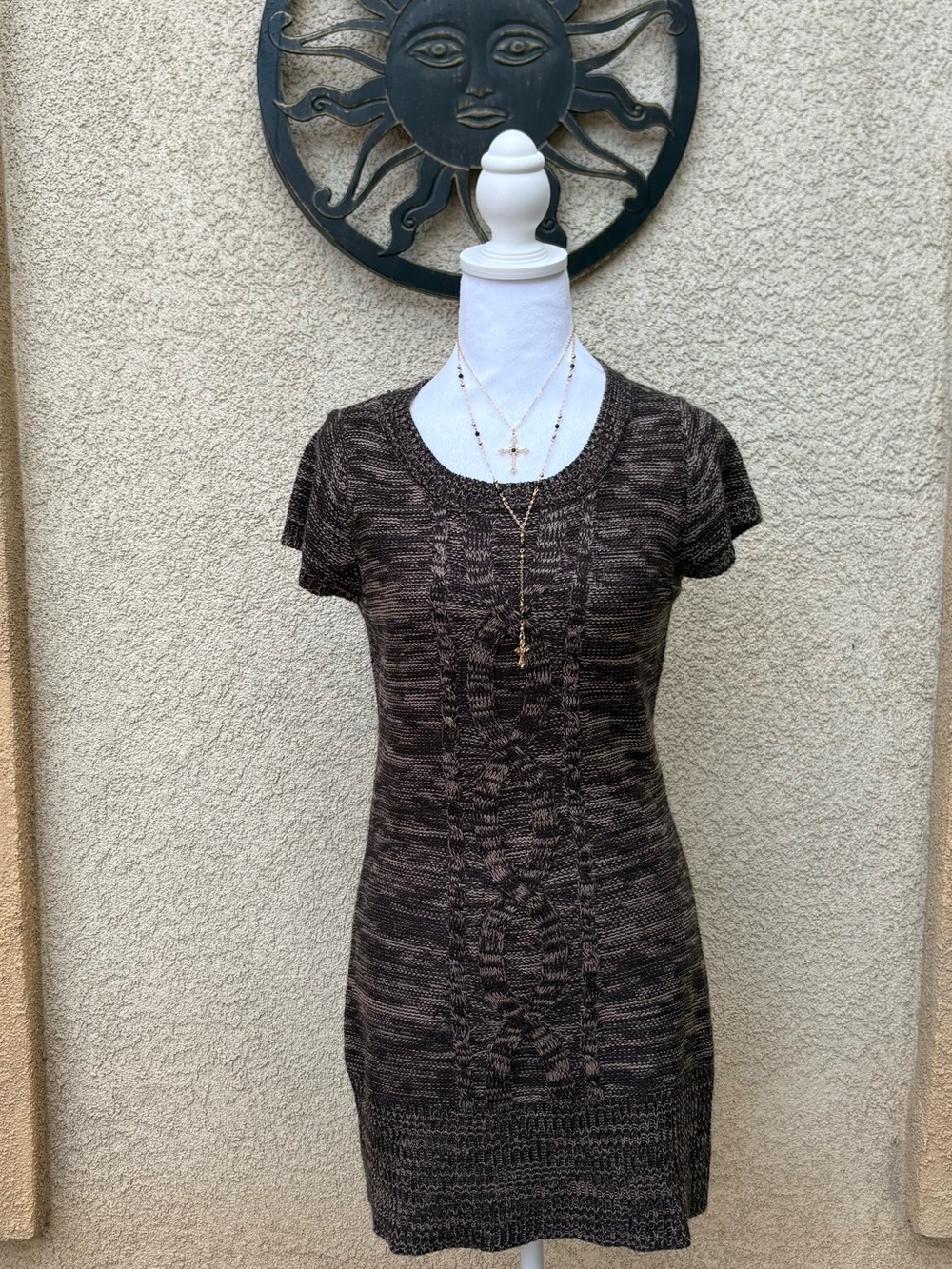 L.e.i. Brown Cable Knit Short Sleeve Sweater Dress Fall Cozy Y2K Grunge